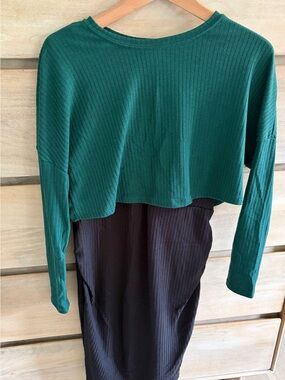 SHEIN Green Ribbed Knit Top Over Black Layered Dress